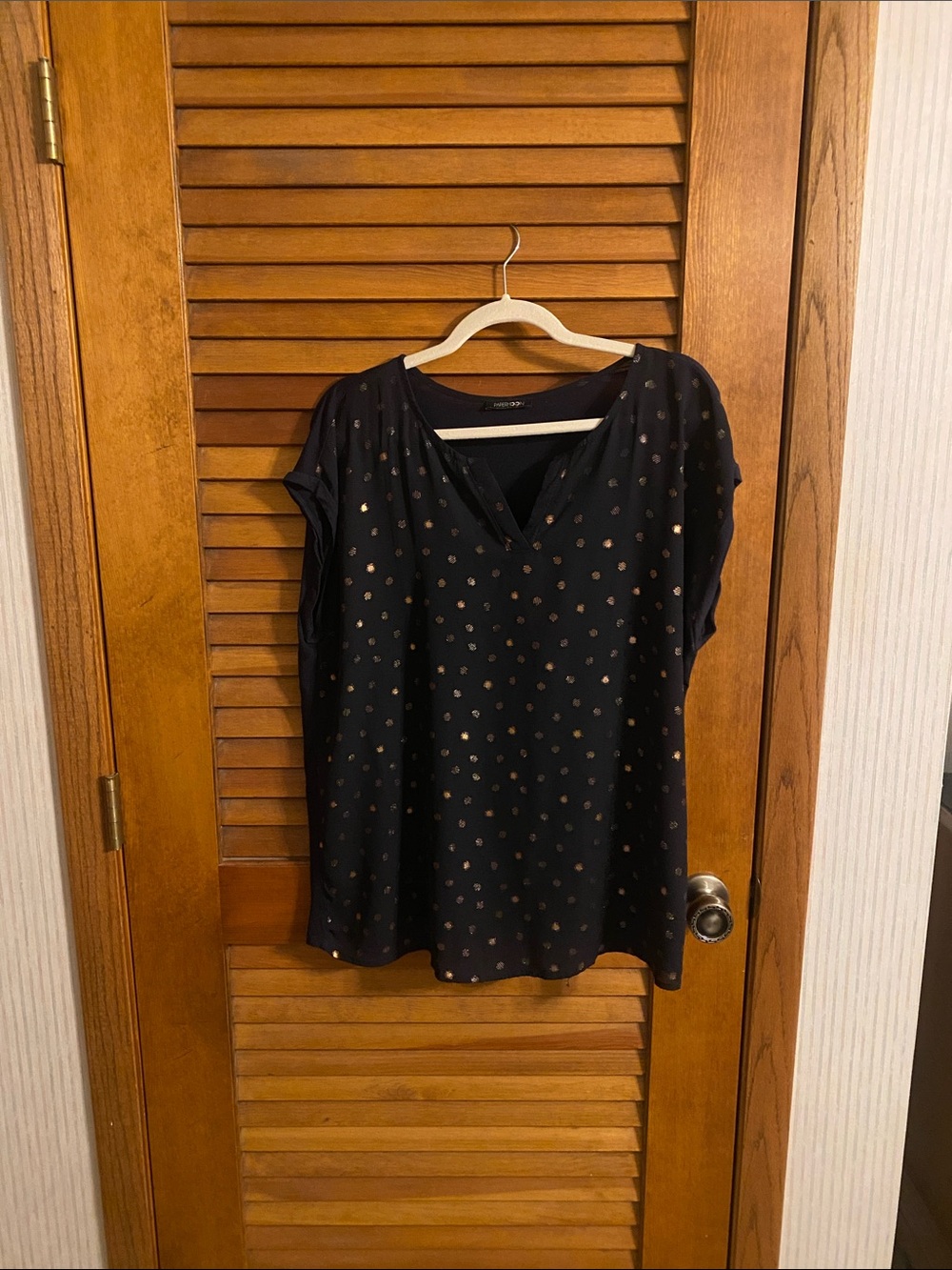Papermoon Navy Short Sleeve V-Neck Top with Gold Dot Print
